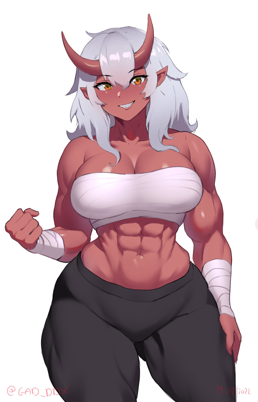 1girl abs absurdres arm_wrap black_pants blush breasts brown_eyes chest_sarashi cleavage collarbone colored_skin commission cowboy_shot dated gad_the_god grey_hair highres horns long_hair midriff muscular muscular_female navel oni original pants pointy_ears red_skin sarashi sharp_teeth solo teeth twitter_username yoga_pants
