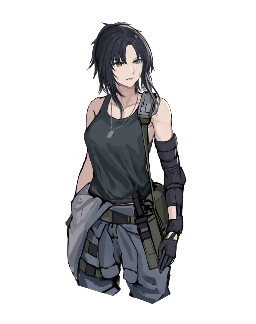 1girl angelia_(girls'_frontline) bag black_hair black_tank_top breasts brown_eyes clothes_around_waist cowboy_shot cropped_legs dog_tags girls'_frontline grey_pants highres medium_hair multiple_scars official_alternate_costume pants parted_lips scar scar_on_face seilindekos shoulder_bag solo tank_top white_background