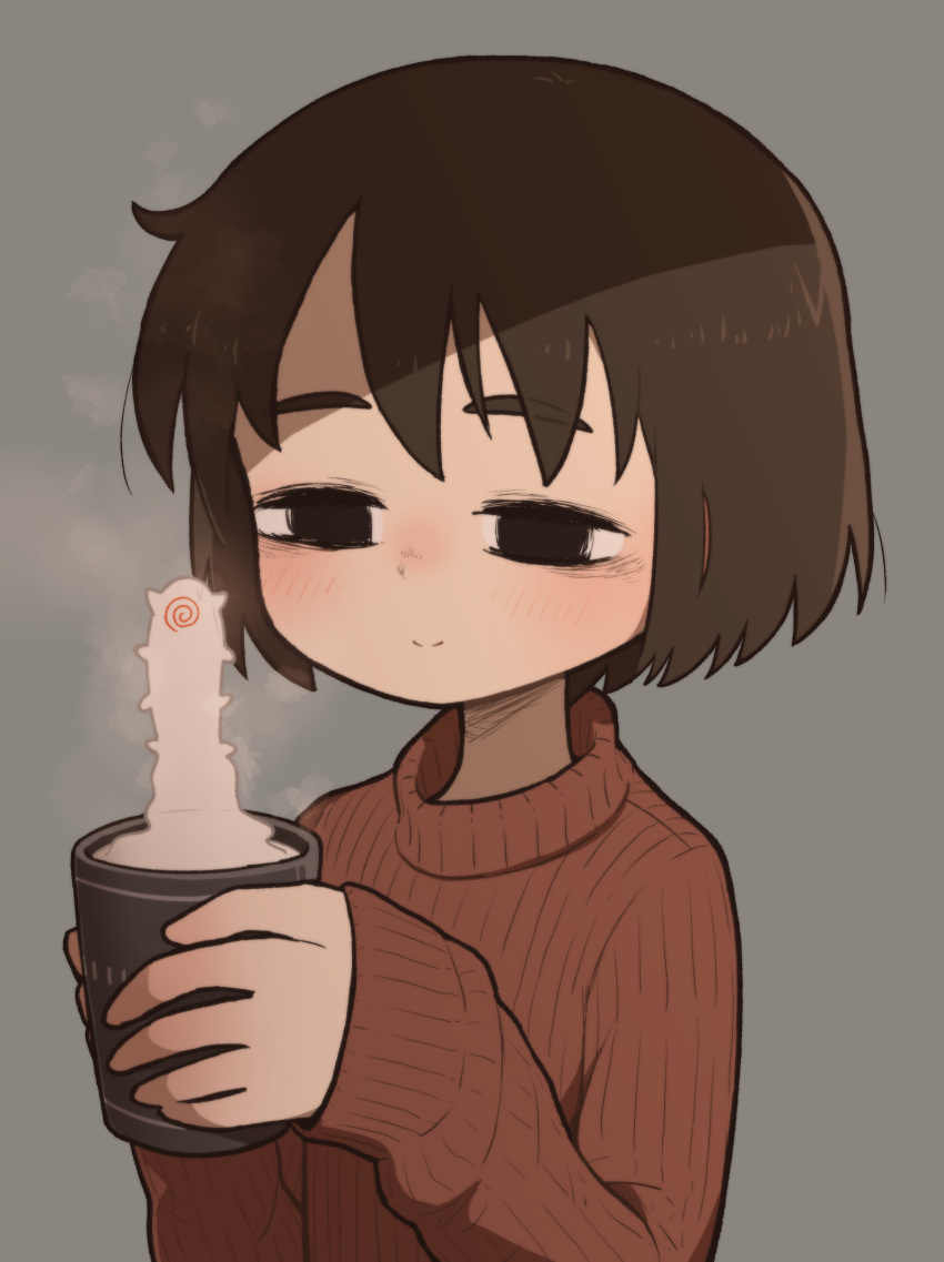 1girl black_eyes black_hair cup grey_background highres holding holding_cup long_sleeves original red_sweater ribbed_sweater short_hair simple_background slime_(creature) smile solo steam sweater takurada upper_body