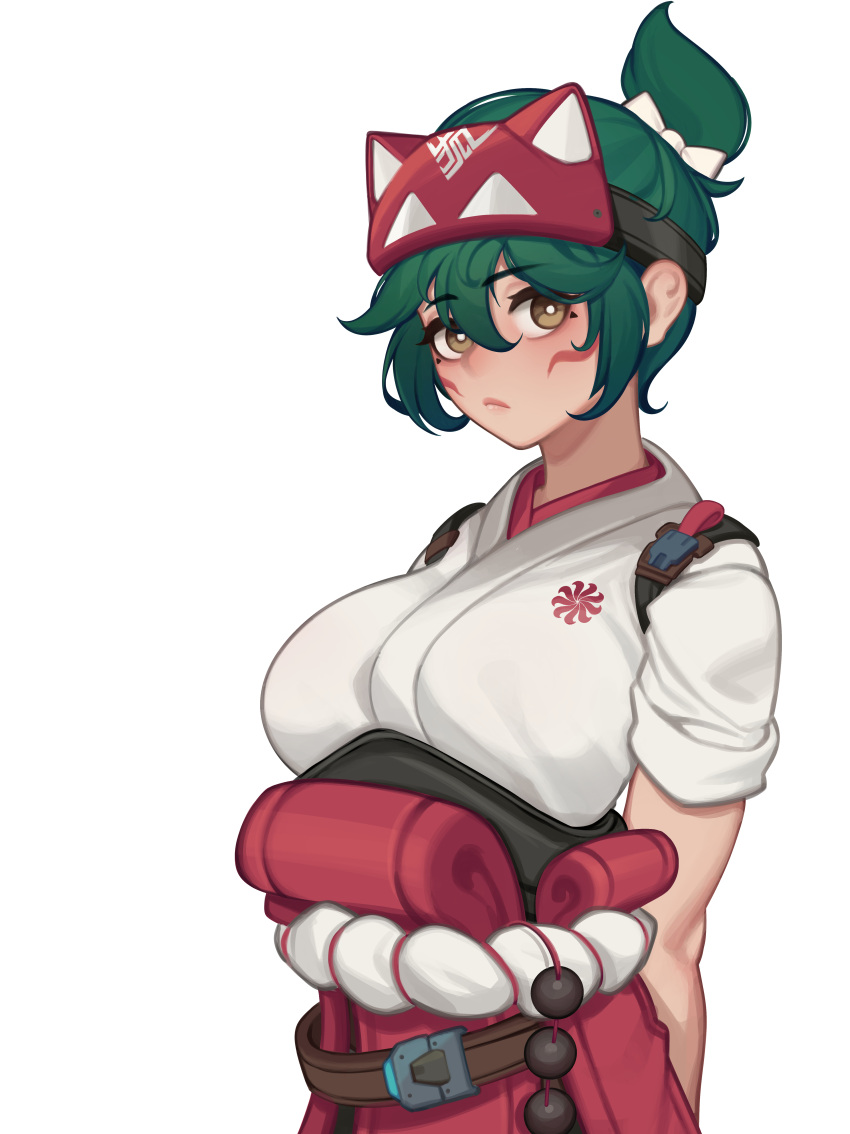 1girl absurdres arms_behind_back bagjunba_(qkrgk198) bow breasts bright_pupils brown_eyes facial_mark fox_mask frown green_hair hair_bow hakama half_mask highres japanese_clothes kimono kiriko_(overwatch) large_breasts lips looking_at_viewer mask ninja overwatch overwatch_2 red_hakama ribbon rope_belt simple_background solo standing topknot upper_body white_background white_bow white_kimono white_pupils white_ribbon