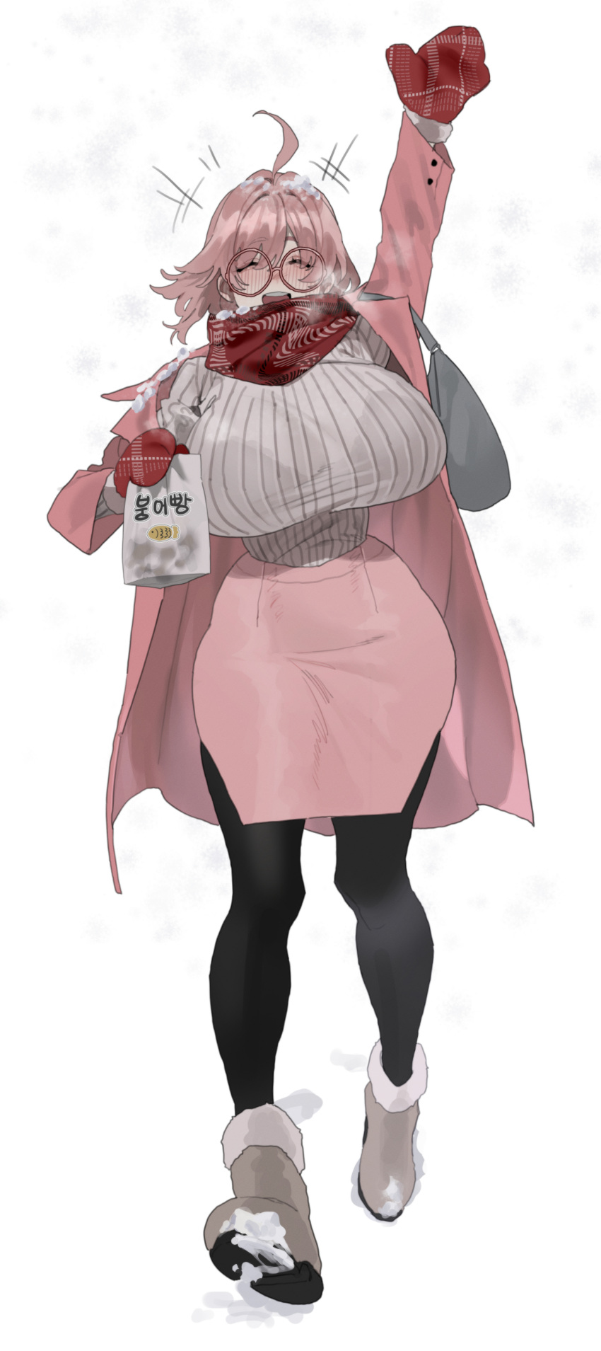 1girl absurdres ahoge black_pantyhose blush boots breasts coat glasses highres huge_breasts long_sleeves mimyo mittens open_mouth original pantyhose pencil_skirt pink_coat pink_hair pink_skirt red_scarf ribbed_sweater round_eyewear scarf short_hair skirt smile solo sweater white_sweater wide_hips