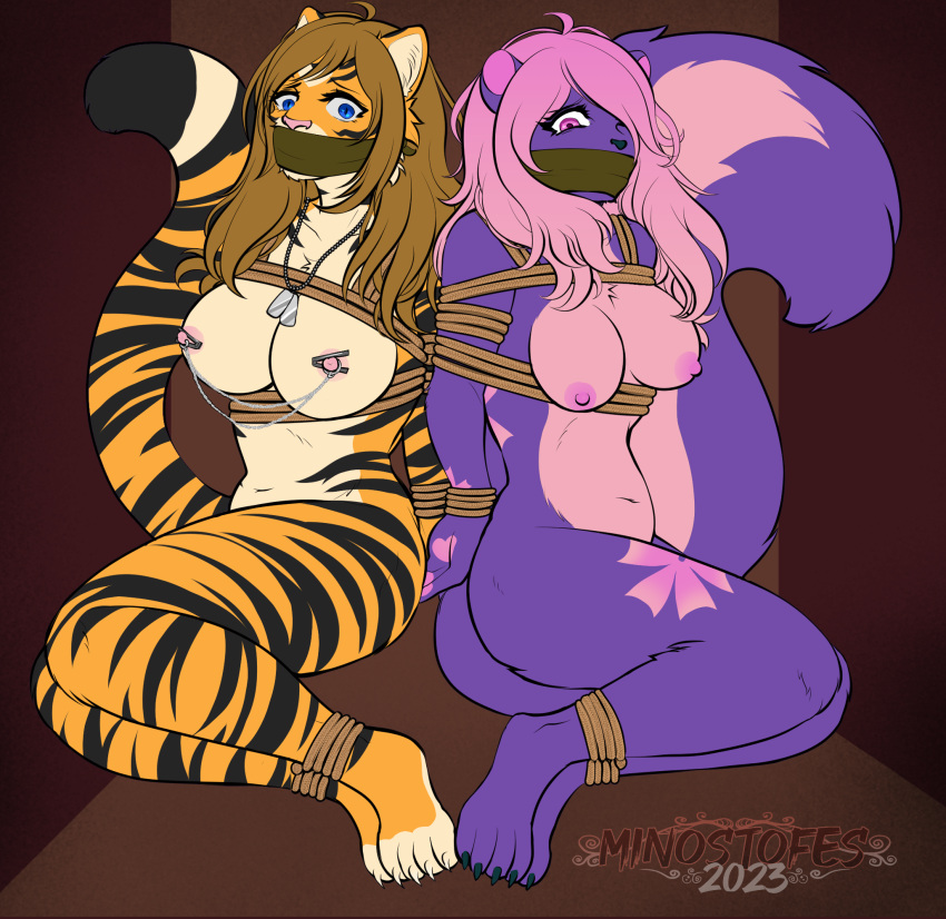 anthro bdsm big_breasts bondage bound box breasts container dog_tags duo felid female forced gag gagged gagged_with_clothing hi_res kidnapping legs_tied mammal mephitid minostofes multicolored_body nipple_clamp pantherine scared skunk tiger