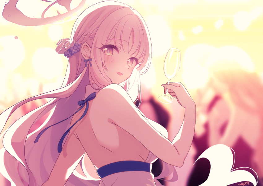 1girl aonegi blue_archive blush breasts cup dress flower hair_bun hair_flower hair_ornament halo holding holding_cup large_breasts long_hair looking_at_viewer mika_(blue_archive) open_mouth pink_hair pink_halo purple_flower signature single_side_bun sleeveless sleeveless_dress smile solo upper_body white_dress yellow_eyes