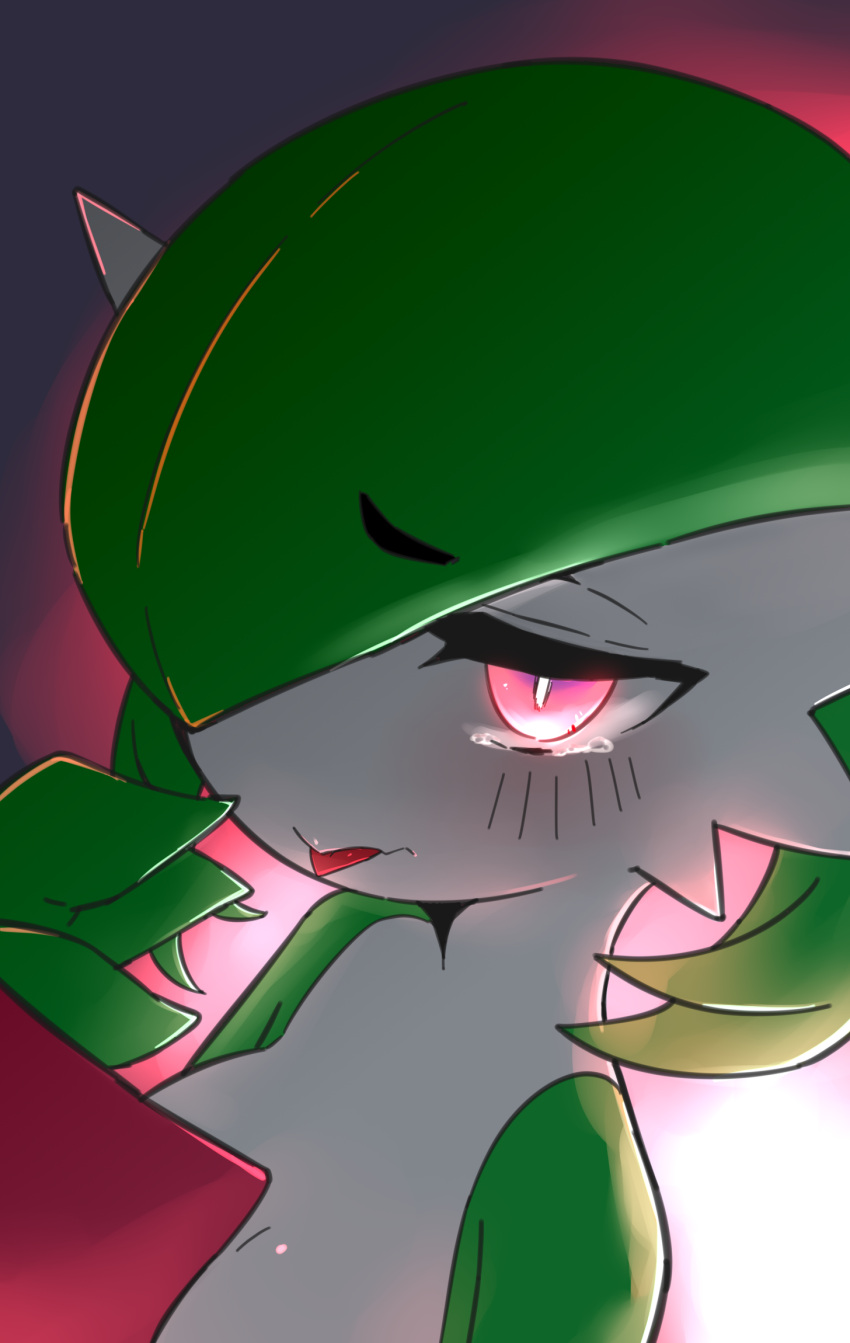 1girl backlighting blush bob_cut breasts bright_pupils closed_mouth colored_skin commentary_request dark gardevoir glowing glowing_eyes green_hair green_skin hair_over_one_eye half-closed_eyes hand_to_own_mouth hand_up highres looking_at_viewer m3_(gardevoir_m3) multicolored_skin one_eye_covered pokemon pokemon_(creature) raised_eyebrows red_background red_eyes short_hair small_breasts solo standing tears tongue tongue_out two-tone_skin upper_body wavy_mouth white_pupils white_skin