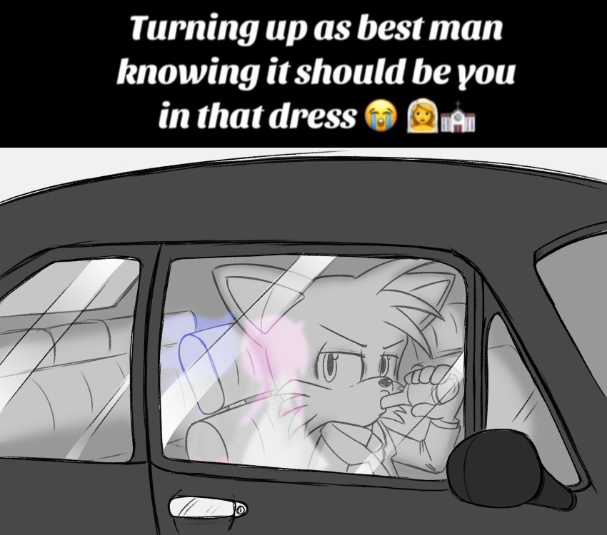 2024 anthro biped bottle canid canine car cheek_tuft clothed clothing container drinking eyebrows facial_tuft fox head_tuft hi_res holding_bottle holding_container holding_object inside_car jumpjump looking_at_viewer male mammal meme miles_prower monochrome sega sitting solo sonic_the_hedgehog_(series) suit tuft vehicle