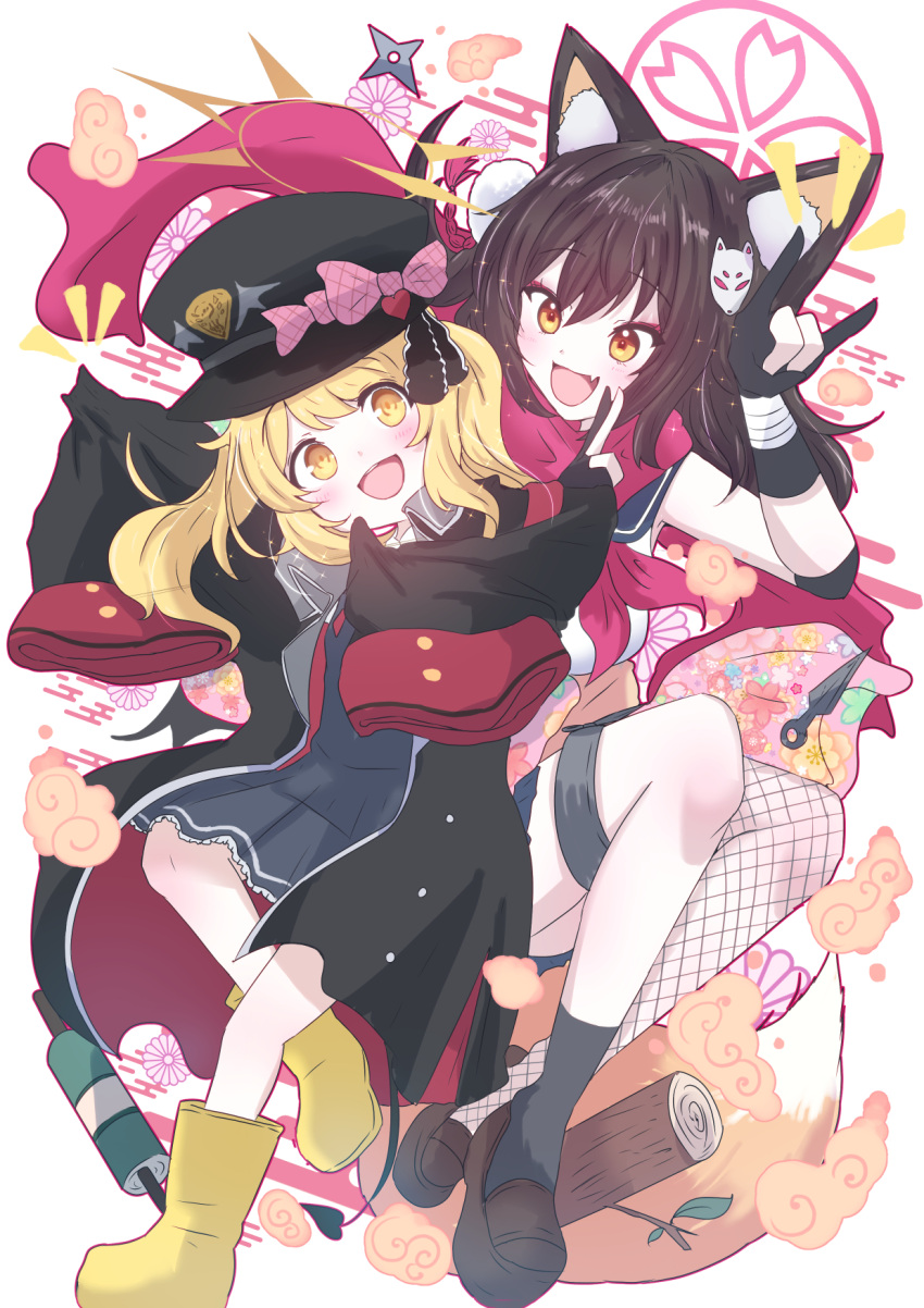 2girls animal_ear_fluff animal_ears black_coat black_dress black_gloves black_hair black_headwear black_socks black_tail black_wings blonde_hair blue_archive blush boots breasts brown_footwear coat demon_tail demon_wings dress egasumi fishnet_thighhighs fishnets flat_chest fox_ears fox_tail giorgio_(yo_sumire_sola1) gloves halo hat highres ibuki_(blue_archive) izuna_(blue_archive) kunai long_hair multiple_girls neckerchief open_clothes open_coat open_mouth partially_fingerless_gloves peaked_cap pink_halo red_neckerchief red_scarf scarf shoes short_hair simple_background single_sock single_thighhigh sleeves_past_fingers sleeves_past_wrists small_breasts smile socks tail thighhighs weapon white_background wings yellow_eyes yellow_footwear yellow_halo