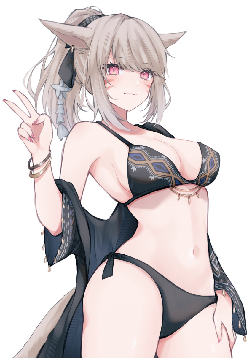 1girl absurdres animal_ears bikini black_bikini blush bracelet breasts brown_hair cat_ears cat_girl cat_tail cleavage closed_mouth commentary cowboy_shot facial_mark final_fantasy final_fantasy_xiv hand_on_own_thigh high_ponytail highres jewelry large_breasts long_hair looking_at_viewer miqo'te navel pink_nails sana_(sanamaru_0w0) side-tie_bikini_bottom sideboob sidelocks simple_background smile solo swimsuit swimsuit_cover-up tail v warrior_of_light_(ff14) whisker_markings white_background