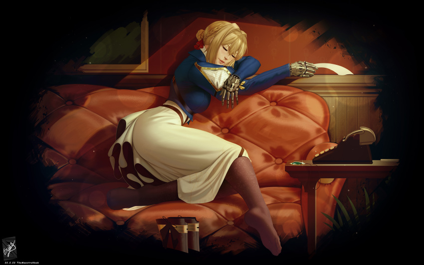 1girl artist_name blonde_hair blue_shirt boots braid breasts brown_pantyhose couch dated from_side hair_between_eyes hair_bun hair_ribbon highres holding holding_paper indoors large_breasts long_sleeves mechanical_hands pantyhose paper red_ribbon ribbon shirt signature single_hair_bun sitting skirt sleeping smile solo themaestronoob violet_evergarden violet_evergarden_(series) white_skirt