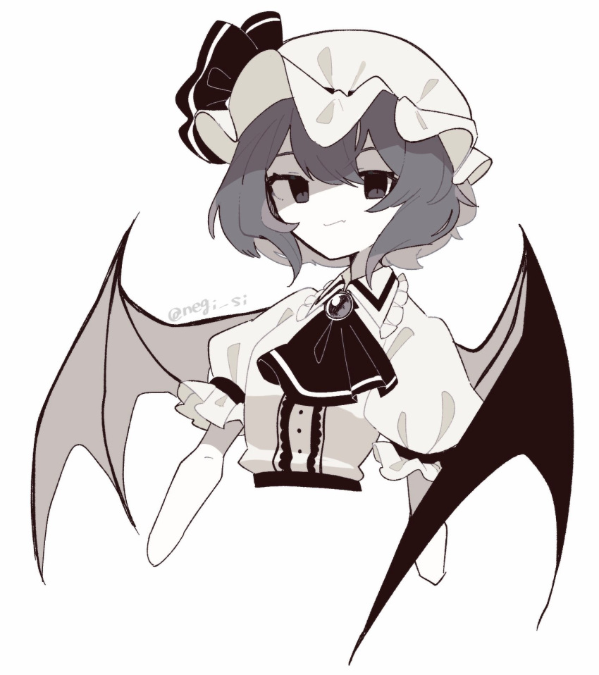 1girl ascot bat_wings black_ascot black_ribbon brooch collared_shirt cropped_torso fang fang_out hat hat_ribbon highres jewelry medium_hair mob_cap muted_color negi_si puffy_short_sleeves puffy_sleeves remilia_scarlet ribbon shirt short_sleeves simple_background skin_fang solo touhou twitter_username upper_body white_background white_headwear white_shirt wings