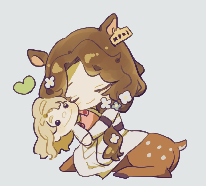 1girl animal_ears arm_belt belt blonney brown_belt brown_hair centauroid closed_eyes closed_mouth coat commentary_request deer_ears deer_girl deer_tail doll ear_tag flower full_body hair_flower hair_ornament hair_over_shoulder hand_puppet heart hugging_object jessica_(reverse:1999) long_hair long_sleeves monster_girl parted_bangs puppet reverse:1999 sidelocks sitting solo tail taur umimiminn white_coat white_flower