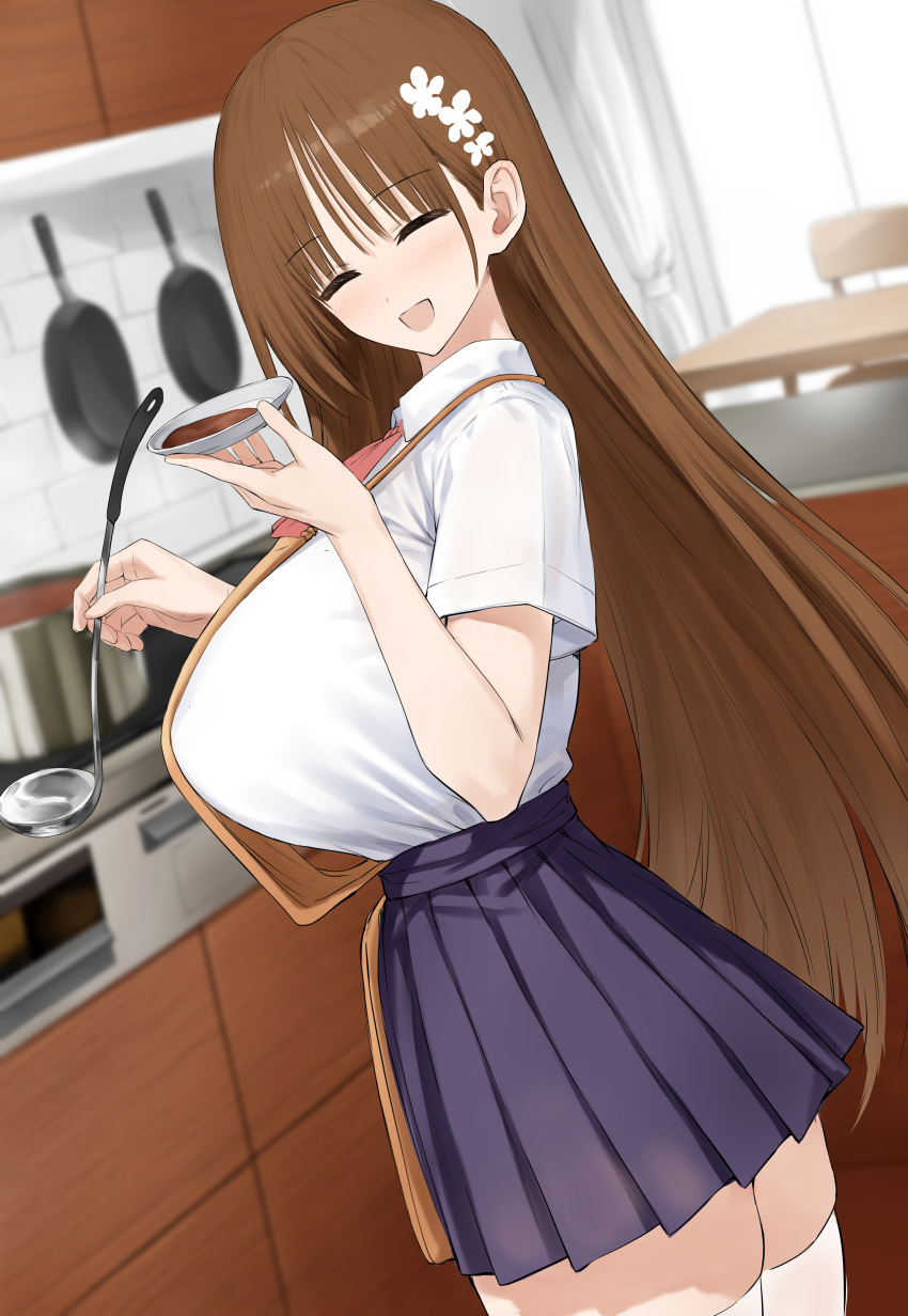 1girl absurdres akitaka_akita apron blush breasts closed_eyes collared_shirt highres large_breasts long_hair open_mouth original pleated_skirt shirt short_sleeves skirt smile solo thighhighs white_shirt