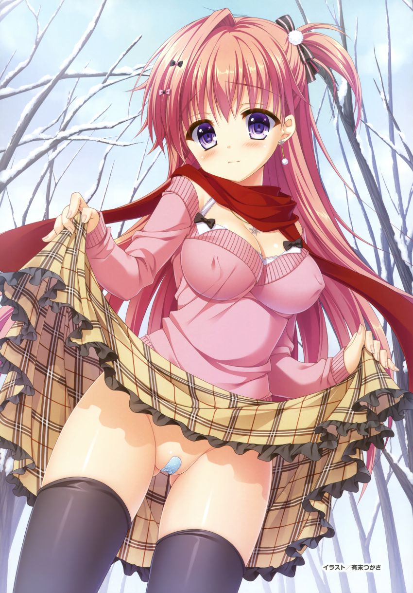 1girl 3: absurdres arisue_tsukasa artist_name ass_visible_through_thighs bandaid bandaid_on_pussy bare_tree black_bow black_thighhighs blush bow breasts cleavage closed_mouth clothes_lift covered_nipples cowboy_shot day earrings floating_hair frilled_skirt frills fringe_trim frown hair_between_eyes hair_bow hair_ornament highres impossible_clothes jewelry kin-iro_loveriche kuryuu_akane large_breasts lifted_by_self long_hair looking_at_viewer maebari off-shoulder_sweater off_shoulder official_art one_side_up outdoors pink_bow pink_hair pink_sweater plaid plaid_skirt pom_pom_(clothes) pom_pom_earrings pom_pom_hair_ornament presenting purple_eyes pussy red_scarf scan scarf shiny_skin shy skirt skirt_lift sleeves_past_wrists snow solo split_mouth sweater thighhighs thighs tree very_long_hair winter winter_clothes yellow_skirt