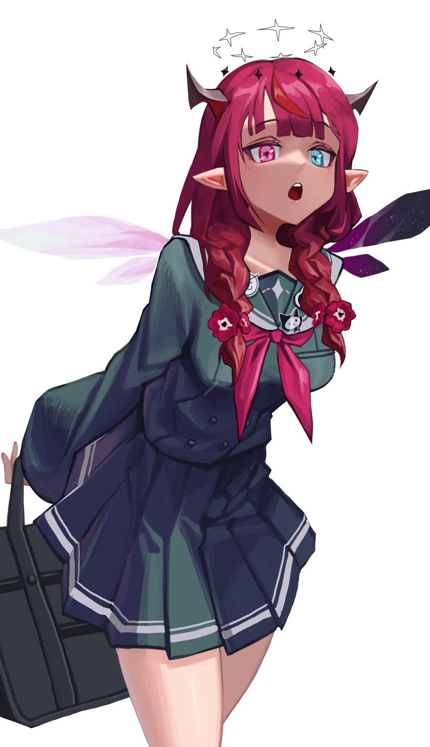 1girl absurdres bag black_skirt blue_eyes braid breasts english_commentary flower hair_flower hair_ornament halo hanho highres hololive hololive_english horns irys_(gamer)_(hololive) irys_(hololive) long_hair medium_breasts mismatched_wings multicolored_hair official_alternate_costume purple_hair red_eyes red_hair ribbon school_bag school_uniform skirt solo star-shaped_pupils star_(symbol) star_halo symbol-shaped_pupils twin_braids two-tone_hair virtual_youtuber