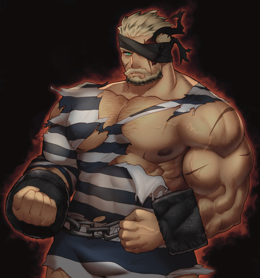 1boy alex_(cerealex) aura balor_(housamo) bara bare_pectorals beard black_hair blonde_hair bulge chest_hair cowboy_shot cuffs eyepatch facial_hair flaming_eye full_beard green_eyes highres large_pectorals looking_at_viewer male_focus mature_male multicolored_hair muscular muscular_male nipples pectorals scar scar_on_arm scar_on_chest shirt short_hair solo thick_beard tokyo_afterschool_summoners torn_clothes torn_shirt two-tone_beard two-tone_hair