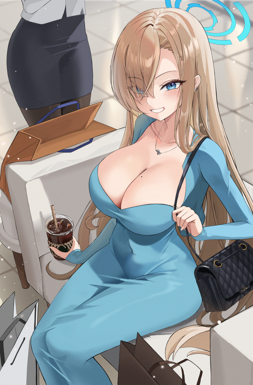2girls absurdres asuna_(blue_archive) bag black_pantyhose blue_archive blue_dress blue_eyes blush breasts cleavage covered_navel cup disposable_cup dongtan_dress dress grin hair_over_one_eye halo highres indoors large_breasts light_brown_hair long_hair looking_at_viewer lovehaejo meme_attire mole mole_on_breast multiple_girls out_of_frame pantyhose pencil_skirt scoop_neck shopping_bag sitting skirt smile solo_focus tile_floor tiles very_long_hair