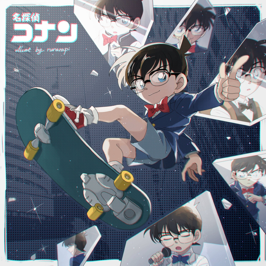 1boy :3 adjusting_eyewear black_bow black_bowtie black_vest blue_eyes blue_jacket blue_shorts bow bowtie closed_eyes collared_shirt cowlick edogawa_conan full_body glasses highres holding holding_microphone jacket long_sleeves male_focus meitantei_conan microphone multiple_views nauxii open_mouth pointing red_bow red_bowtie red_footwear shirt shoes short_hair shorts skateboard sneakers socks solo vest waistcoat white_shirt white_socks