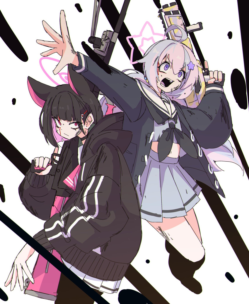 2girls ahoge animal_ears black_choker black_hair black_jacket black_neckerchief black_pantyhose blood blood_on_face blue_archive blue_hair bren_lmg bruise bruise_on_face bruise_on_leg cat_ears choker closed_mouth colored_inner_hair dr_yamero grey_skirt gun hair_ornament hairclip halo highres holding holding_weapon hood hooded_jacket injury jacket kazusa_(blue_archive) light_blue_hair light_machine_gun long_hair medium_hair midriff miniskirt multicolored_hair multiple_girls navel neckerchief open_mouth pantyhose pink_eyes pink_hair pink_halo pink_negligee pleated_skirt purple_eyes reisa_(blue_archive) sailor_collar skirt standard_manufacturing_dp-12 star_(symbol) star_hair_ornament star_halo twintails very_long_hair weapon white_sailor_collar white_skirt