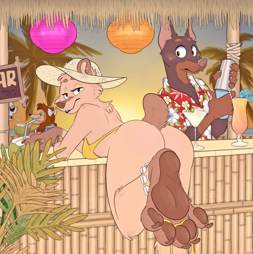 2023 5_fingers 5_toes accessory aloha_shirt ankle_band anthro background_character bamboo bamboo_structure bar barefoot bartender beach beach_bar bear bedroom_eyes being_watched bendy_straw bent_over beverage bikini bikini_bottom bikini_bottom_removed bikini_top black_nose blurred_background blush blush_lines bottomless bottomless_female bow_ribbon breasts brown_claws brown_eyebrows brown_eyes brown_hair brown_nose brown_pawpads butt canid canine canis clairebear claws clothed clothing cocktail_garnish cocktail_glass cocktail_umbrella coconut coconut_drink container convenient_censorship countershade_face countershading cup detailed_background digit_ring digital_drawing_(artwork) digital_media_(artwork) dobermann domestic_dog drinking_glass drupe_(fruit) duo_focus ear_piercing ear_stud exhibitionism eyebrows feet female finger_claws fingers flower food foot_focus fruit glass glass_container glass_cup gloves_(marking) gold_ring group hair hair_accessory hair_bow hair_ribbon hat head_tuft headgear headwear hi_res holding_beverage holding_object horizon hunting_dog jewelry knee_tuft lamp lantern leg_markings leg_tuft long_hair looking_at_another male mammal markings mouth_closed narrowed_eyes outside palm_tree partially_clothed pattern_clothing pattern_shirt pattern_topwear pawpads piercing pinscher plant public public_exposure raised_tail rear_view ribbons ring saluki seashell seaside seductive shell shirt short_tail sighthound signature sky socks_(marking) straw strawbear sun_hat sunset swimwear tail three-quarter_view toe_claws toe_ring toes topwear tree tuft wide_eyed yellow_bikini yellow_clothing yellow_swimwear