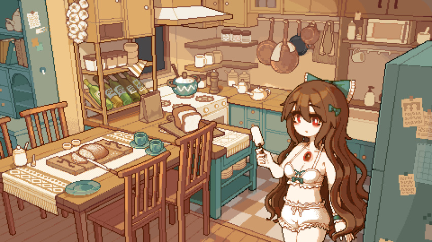 1girl alternate_costume bag bloomers blush book bookshelf bottle bow bra bread bread_slice breasts brown_hair calendar_(object) chair cleavage commentary cooking_pot cowboy_shot cup cutting_board food frilled_bow frilled_bra frills frying_pan green_bow hair_between_eyes hair_bow highres indoors long_hair looking_at_viewer medium_bangs medium_breasts mug open_mouth paper_bag pixel_art plate popsicle red_eyes refrigerator reiuji_utsuho saucer sechy soap_dispenser solo table tablecloth teapot third_eye touhou underwear underwear_only wavy_hair white_bloomers white_bra wine_bottle