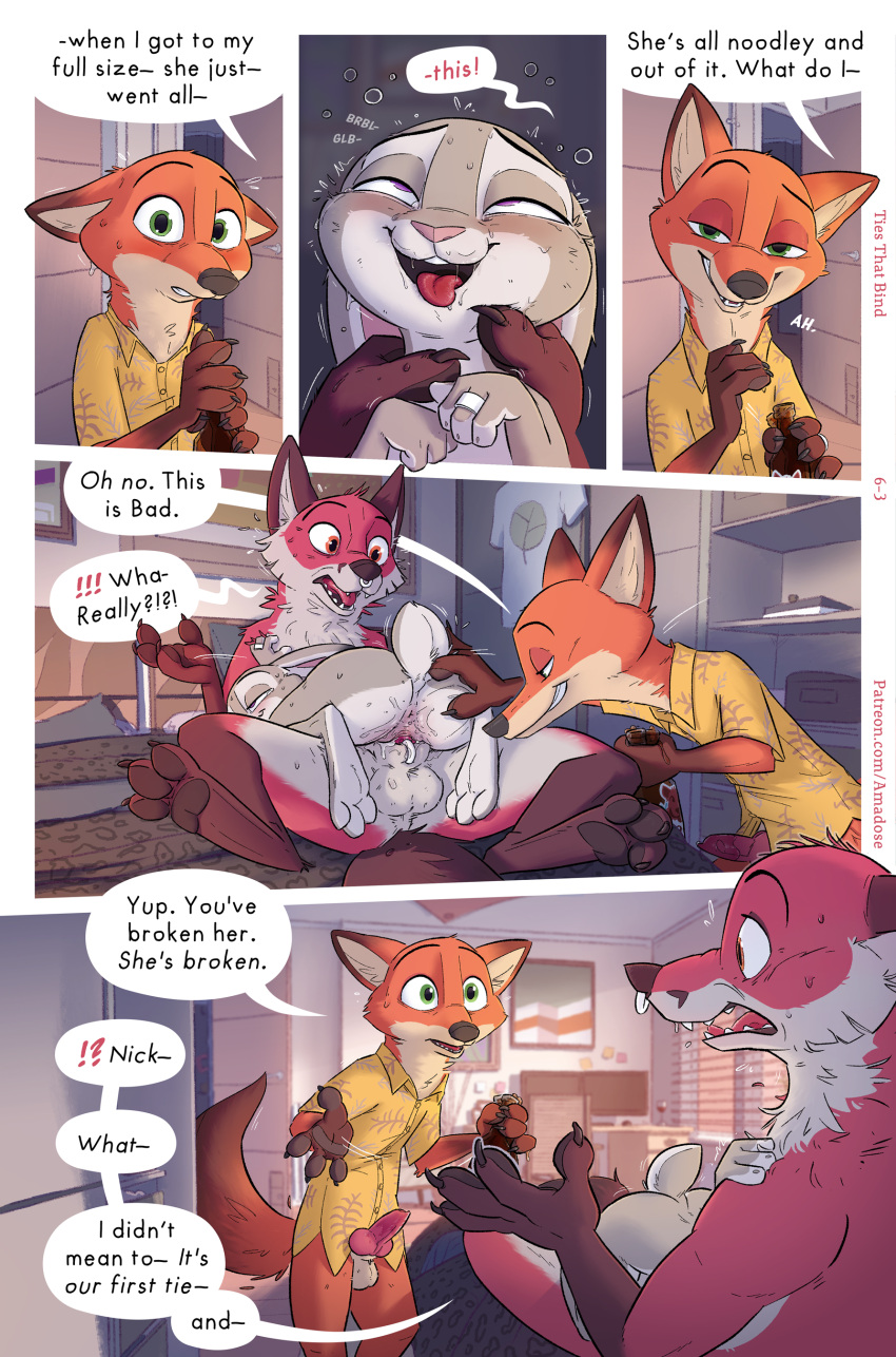 &lt;3 absurd_res ahegao alcohol aloha_shirt amadose anthro anthro_on_anthro anthro_penetrated anthro_penetrating anthro_penetrating_anthro anus balls bed bedroom beer beverage big_dom_small_sub bodily_fluids butt canid canine clothed clothing comic cuckold detailed_background dialogue digit_ring disney dominant door doorway drooling english_text eye_roll facial_piercing female female_penetrated fox from_front_position fucked_silly fur furniture genital_fluids genitals grey_body grey_fur grin group hand_on_butt hi_res interspecies jewelry judy_hopps knot knotting lagomorph larger_male leporid looking_pleasured lying male male/female male_penetrating male_penetrating_female mammal mastery_position masturbation nick_wilde nipples nose_piercing nose_ring on_back orange_body orange_fur orgasm orgasm_face owen_(amadose) panicking partially_clothed pattern_clothing pattern_shirt pattern_topwear penetration penis piercing predator/prey pussy pussy_juice rabbit reverse_missionary_position ring saliva saliva_string septum_piercing sex sex_toy shirt shocked shocked_expression size_difference slick sly smaller_female smaller_penetrated smile speech_bubble spread_butt spreading submissive submissive_female submissive_male surprised_expression sweat tears text tongue topwear trio twitching vaginal vaginal_penetration wedding_ring zootopia