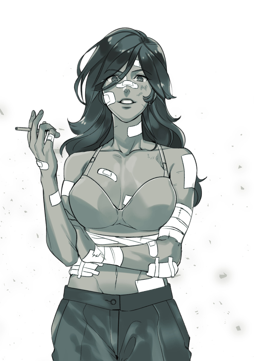 1girl bandaged_arm bandages bandaid bandaid_on_arm bandaid_on_breast bandaid_on_cheek bandaid_on_face bandaid_on_hand bandaid_on_nose between_fingers bra breasts cigarette cleavage collarbone cowboy_shot halorane hand_on_own_arm highres holding holding_cigarette injury long_hair looking_at_viewer lupin_iii mine_fujiko monochrome navel pants parted_lips simple_background smoking solo straight-on underwear