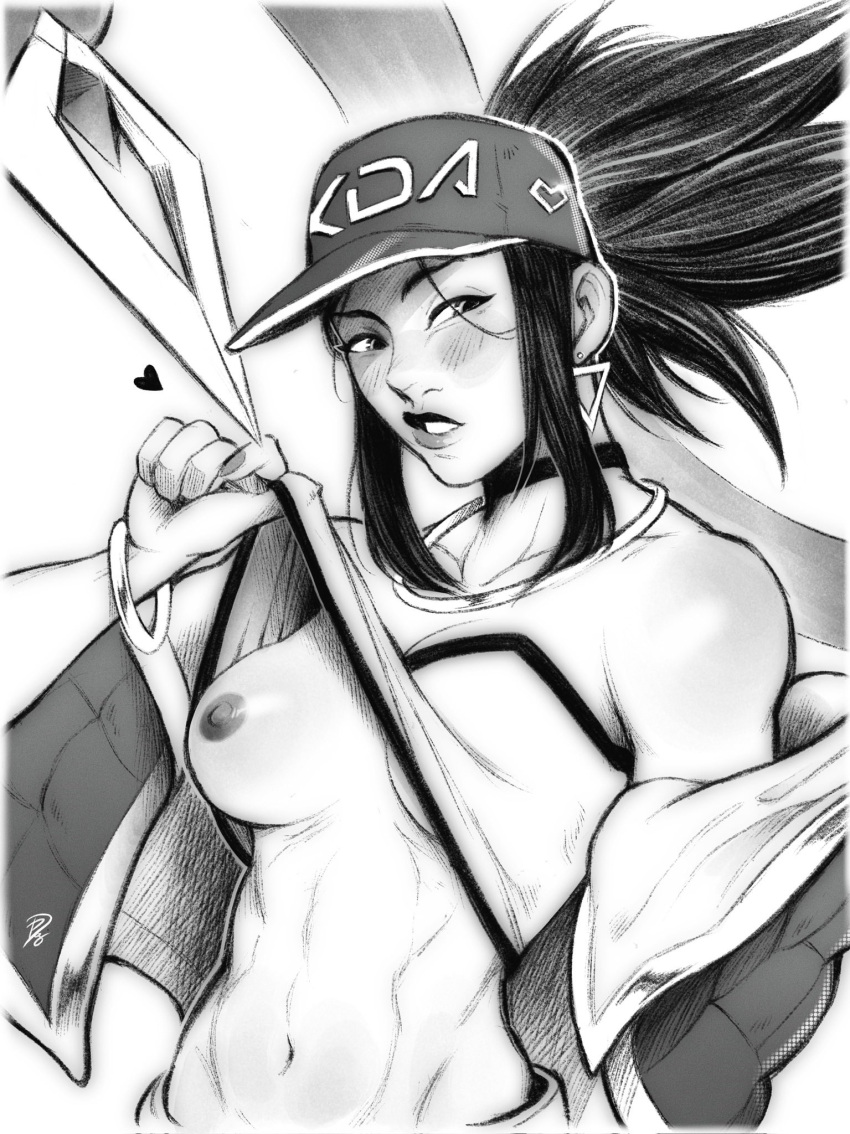 1girl akali baseball_cap blush bracelet choker clothes_lift collarbone double_daggers earrings greyscale hat heart highres jacket jewelry k/da_akali league_of_legends monochrome navel necklace nipples no_bra open_clothes open_jacket ponytail shirt_lift smile teeth triangle_earrings upper_body