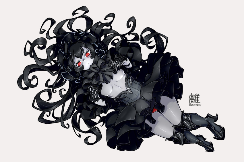 1girl abyssal_ship black_bow black_footwear black_hair black_skirt bonnet bow breasts closed_mouth colored_skin grey_background grey_skin hair_between_eyes high_heels isolated_island_princess kantai_collection long_hair looking_at_viewer oso_(toolate) red_eyes simple_background skirt solo twitter_username very_long_hair