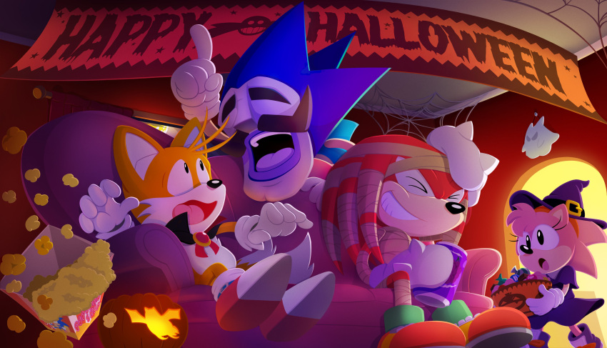 2021 absurd_res amy_rose anthro beverage beverage_can candy canid canine classic_amy_rose classic_knuckles classic_sonic classic_sonic_(universe) classic_tails clothing dessert echidna eulipotyphlan female food footwear fox fruit furniture gloves group halloween handwear hedgehog hi_res holidays jack-o'-lantern knuckles_the_echidna majin_sonic male mammal mask miles_prower monotreme mummy_costume nightmare_fuel official_art plant popcorn pumpkin sega shoes soda sofa sonic_the_hedgehog sonic_the_hedgehog_(series) spider_web thesketchsector vampire_costume witch_costume