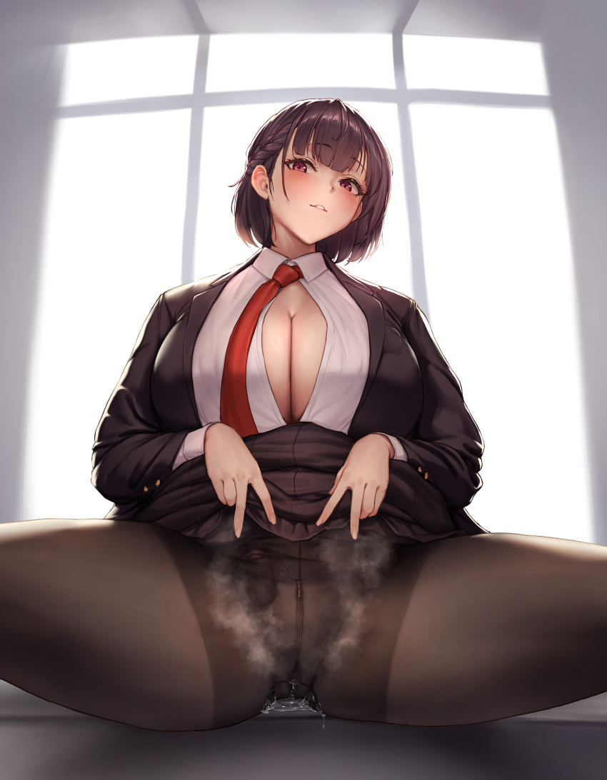 1girl absurdres black_hair black_pantyhose black_skirt blush bra breasts brown_hair cleavage clothes_lift clothes_pull collared_shirt crotch dress_shirt gusset highres indoors jacket jinmeii large_breasts lifted_by_self long_sleeves looking_at_viewer necktie no_bra open_clothes open_shirt original panties pantyhose parted_lips pleated_skirt purple_eyes red_necktie school_uniform shirt short_hair sitting skirt skirt_lift skirt_pull smile solo spread_legs thighs unbuttoned underwear uniform white_shirt window
