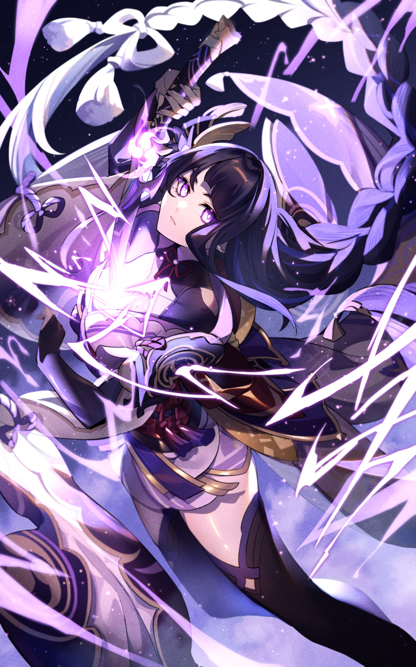 1girl black_footwear boots commentary_request elbow_gloves fingerless_gloves frown genshin_impact gloves head_tilt highres hizuki_miya holding holding_sword holding_weapon human_scabbard japanese_clothes kimono light_censor lightning long_hair long_sleeves looking_at_viewer low-braided_long_hair purple_eyes purple_gloves purple_hair purple_kimono raiden_shogun sidelocks solo sword thigh_boots very_long_hair weapon
