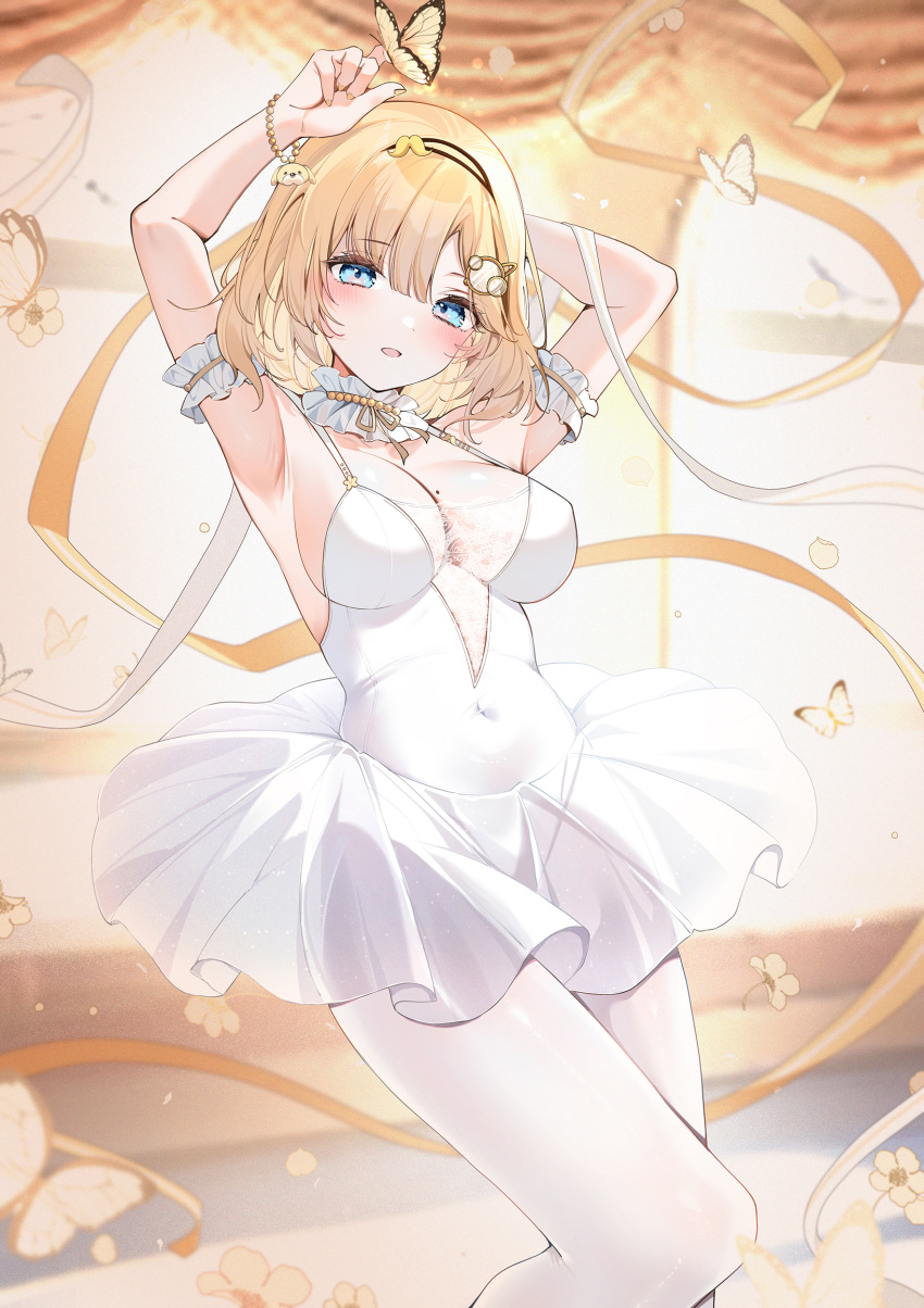 1girl absurdres arm_garter armpits arms_up ballerina ballet ballet_dress bare_shoulders blonde_hair blue_eyes blush bob_cut bracelet breasts bug butterfly cleavage covered_navel dancing hair_ornament hairband highres hololive hololive_english jewelry large_breasts leotard looking_at_viewer magnifying_glass mole mole_on_breast open_mouth pantyhose ribbon see-through short_hair smile solo standing tutu virtual_youtuber watson_amelia white_leotard white_pantyhose yukineko1018