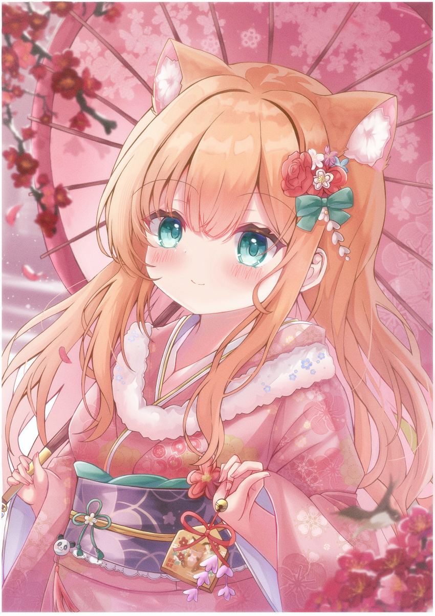 1girl absurdres animal_ear_fluff animal_ears bell blurry blush border bow depth_of_field ema floral_print flower fur_collar green_bow green_eyes hair_between_eyes hair_flower hair_ornament highres holding holding_umbrella japanese_clothes jingle_bell kanzashi kimono long_hair nayqws obi oil-paper_umbrella orange_hair original pink_kimono red_flower sash sidelocks smile umbrella wavy_hair white_border