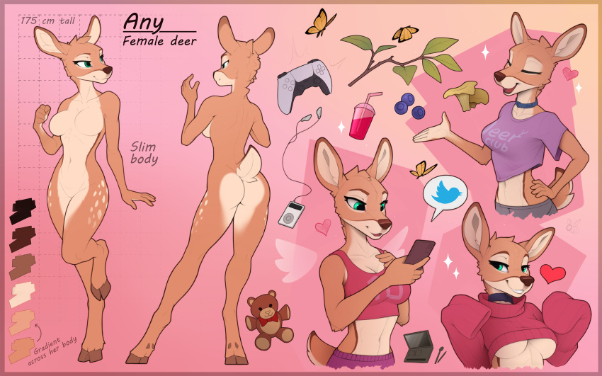 &lt;3 2024 5_fingers anthro any_(yakovlev-vad) apple_inc. arthropod bendy_straw beverage biped blueberry_(fruit) bottomwear breasts brown_body brown_eyebrows brown_fur brown_hooves brown_nose brush butt butterfly cellphone cleavage clothed clothing cloven_hooves collar color_swatch compact container controller countershade_butt countershade_face countershade_legs countershade_torso countershading crop_top cup deer dewclaw_hooves digital_media_(artwork) dualsense electronics english_text eyebrows eyelashes eyes_closed featureless_breasts featureless_crotch female fingers flat_colors food fruit fungus fur game_controller gradient_background green_eyes hand_on_hip head_tuft hi_res holding_object holding_phone hooves insect ipod lepidopteran looking_at_object looking_at_phone looking_at_viewer mammal markings midriff model_sheet mouth_closed multicolored_body multicolored_fur mushroom music_player narrowed_eyes navel new_world_deer nude on_one_leg open_mouth open_smile pants phone plant playstation playstation_controller plushie portable_music_player scut_tail shaded shirt short_tail simple_background slim smartphone smile soft_shading solo sony_corporation sony_interactive_entertainment sparkles spots spotted_body spotted_fur standing straw sweater t-shirt tail tank_top teddy_bear text topwear tuft twitter twitter_logo under_boob unguligrade white-tailed_deer white_body white_fur yakovlev-vad