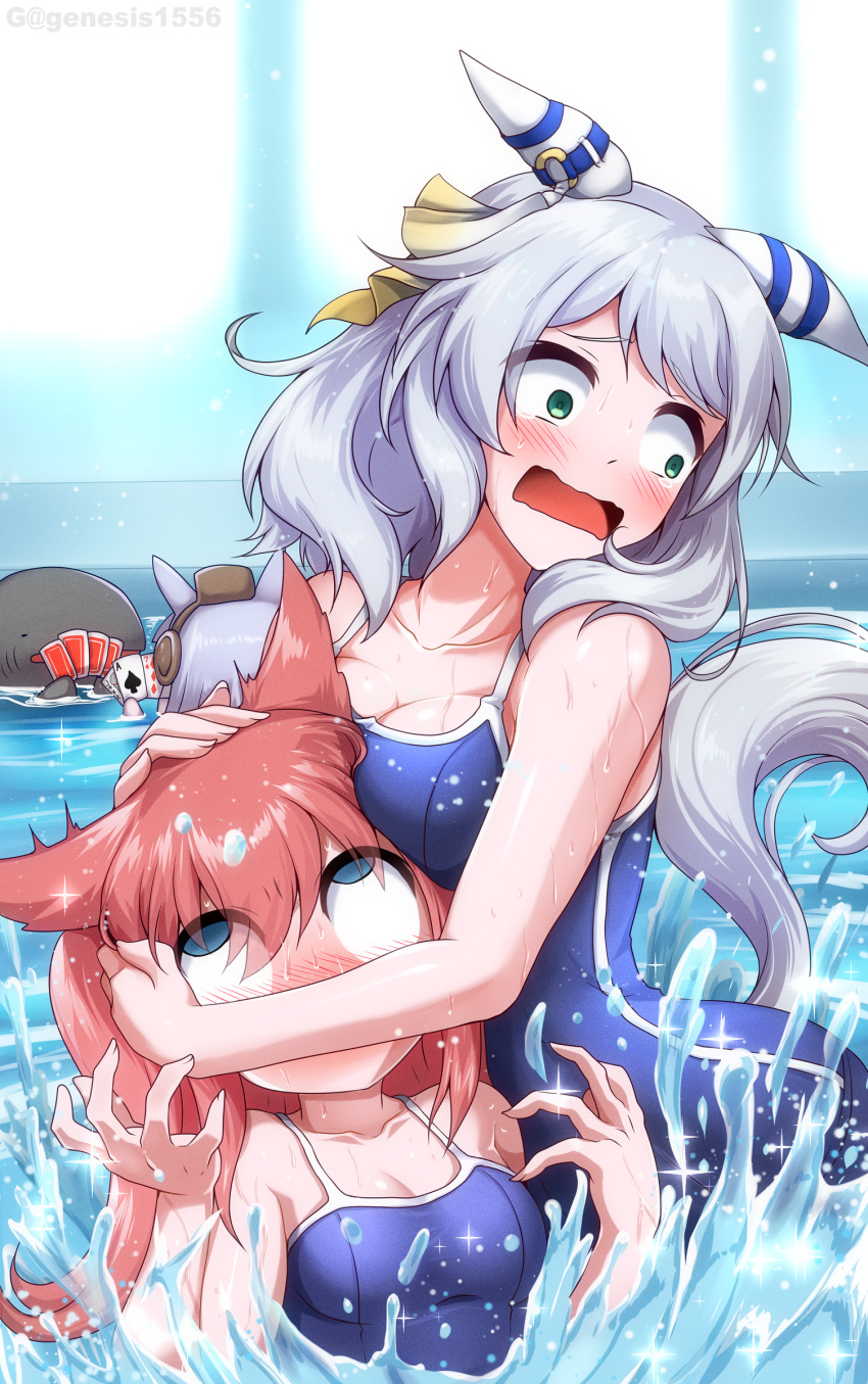 3girls absurdres ace_(playing_card) ace_of_spades agnes_digital_(umamusume) aqua_eyes blue_eyes blue_one-piece_swimsuit blush breasts card cleavage commentary g_(genesis1556) gold_ship_(umamusume) grey_hair highres hishi_miracle_(umamusume) holding holding_card medium_hair multiple_girls nose_blush one-piece_swimsuit partially_submerged pink_hair playing_card pool shark spade_(shape) swimsuit tail umamusume water