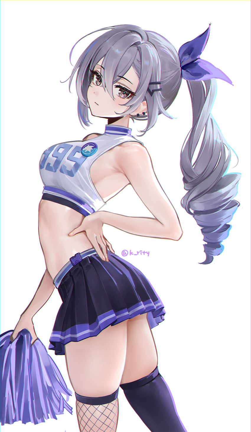 1girl alternate_costume arched_back breasts cheerleader closed_mouth crop_top drill_hair from_side grey_eyes grey_hair hair_between_eyes highres holding holding_pom_poms honkai:_star_rail honkai_(series) long_hair looking_at_viewer looking_to_the_side midriff miniskirt pleated_skirt pom_pom_(cheerleading) ponytail rity silver_wolf_(honkai:_star_rail) simple_background single_fishnet_legwear single_thighhigh skirt sleeveless solo thighhighs twitter_username white_background