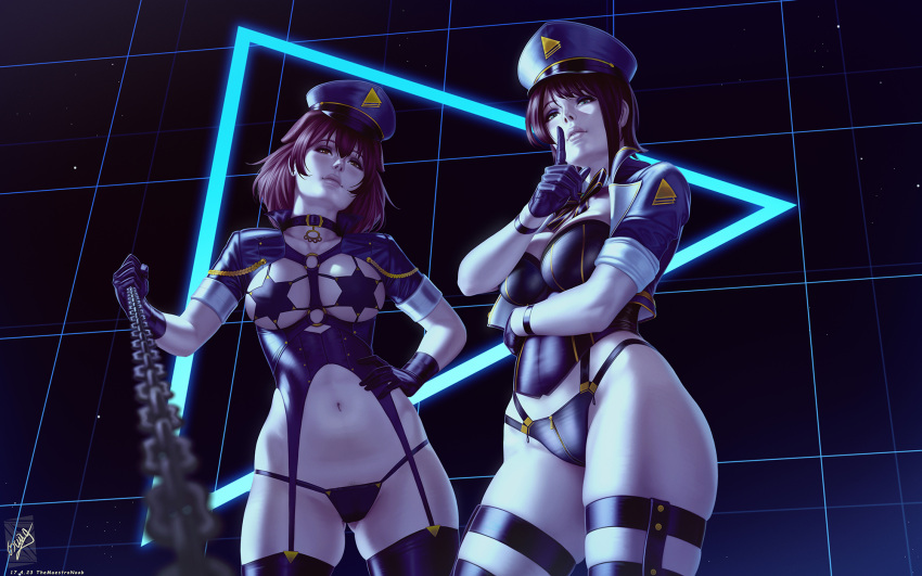2girls alternate_costume animal_ears artist_name ass_visible_through_thighs black_background black_gloves black_panties black_thighhighs blurry blurry_foreground breasts chain chain_leash closed_mouth collarbone dated dog_ears dominatrix gloves hand_on_own_stomach hand_up hat highres holding holding_leash hololive hololive_english index_finger_raised inugami_korone jacket large_breasts leash looking_at_viewer medium_hair multiple_girls navel oozora_subaru open_clothes open_jacket panties police_hat pov red_hair shiny_skin short_sleeves signature smile stomach themaestronoob thighhighs underwear