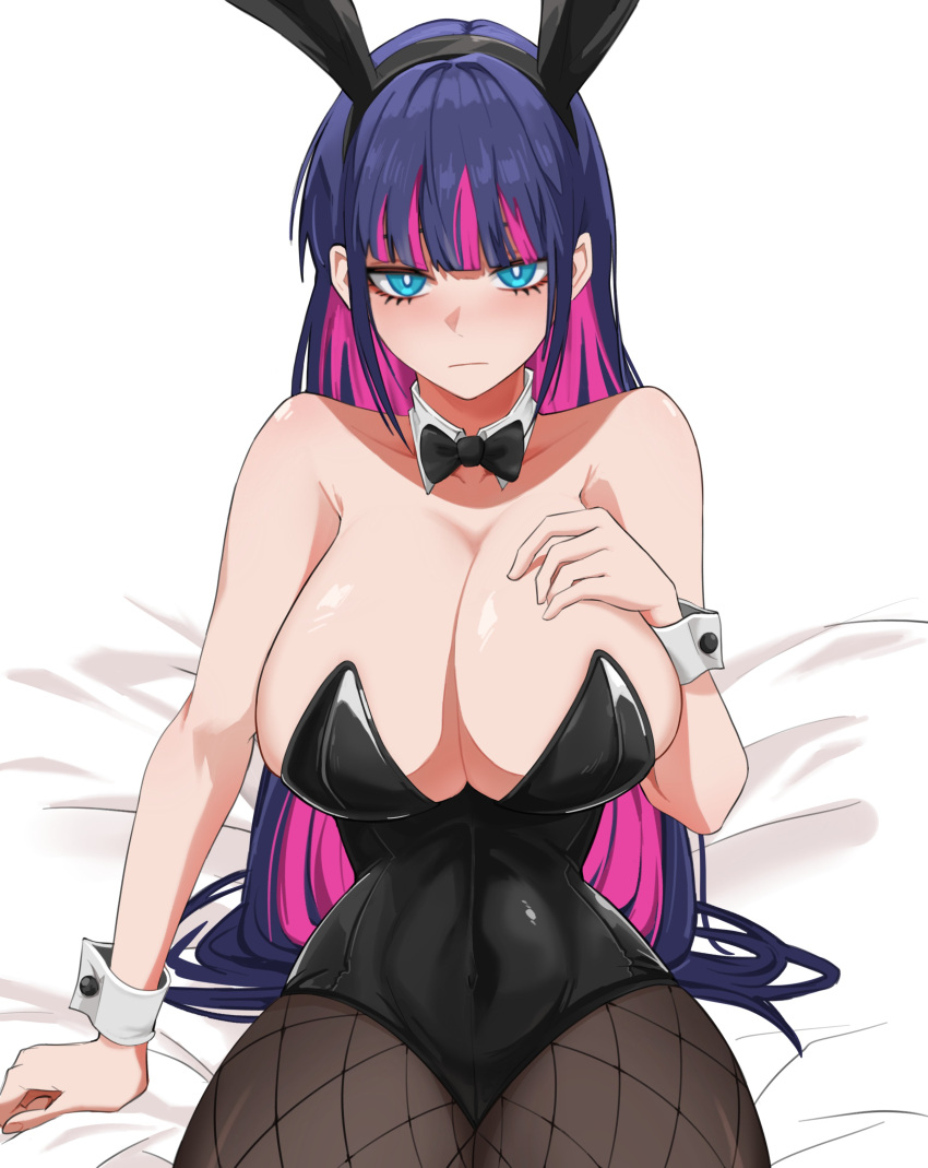 1girl abirdeer absurdres blue_eyes blush bow bowtie breasts cleavage fishnets highres huge_breasts leotard looking_at_viewer multicolored_hair panty_&amp;_stocking_with_garterbelt pink_hair purple_hair rabbit_tail stocking_(psg) tail thick_thighs thighhighs thighs wide_hips