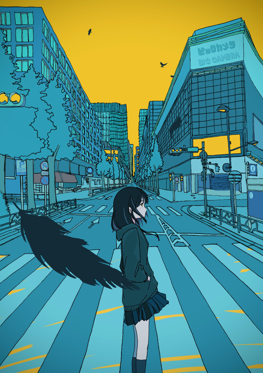 1girl absurdres bird black_feathers black_hair black_hoodie black_skirt black_socks building crosswalk crow feathers hand_in_pocket highres hood hoodie lamppost limited_palette long_hair long_sleeves original outdoors pleated_skirt profile road skirt sky socks solo street traffic_light tree vanishing_point xtoku5x yellow_sky