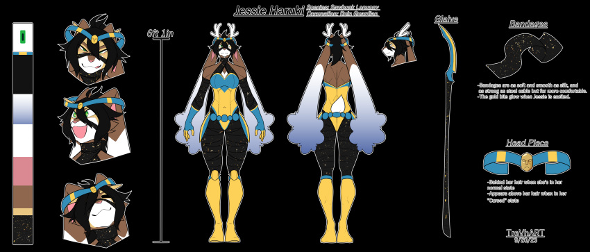 absurd_res antlers bandage boots clothing cofagrigus female footwear generation_4_pokemon generation_5_pokemon glaive hi_res horn hybrid lagomorph leotard leporid lopunny mammal melee_weapon model_sheet mummy nintendo pokemon pokemon_(species) polearm rabbit sawsbuck smile trevhart undead weapon