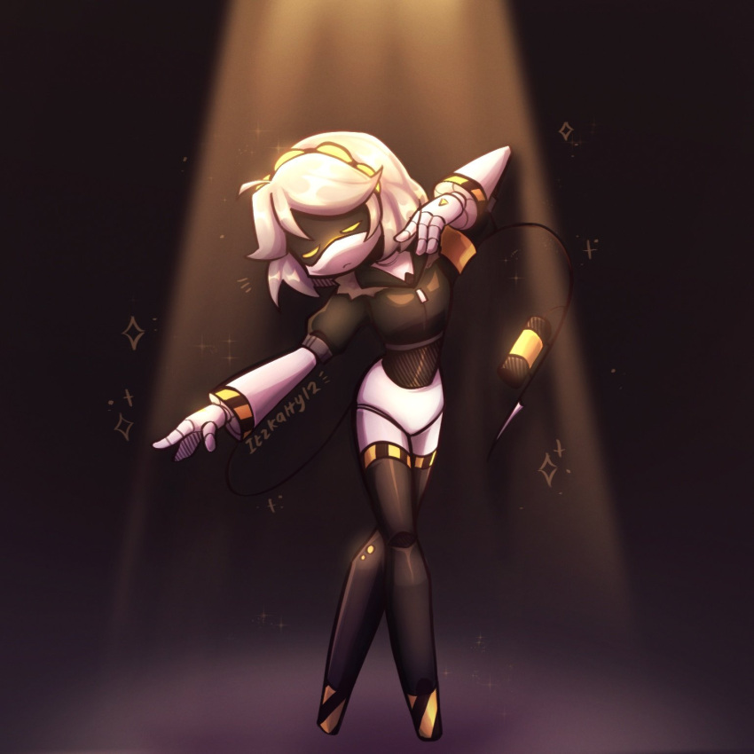 1girl artist_name ballet black_background black_thighhighs dancing highres humanoid_robot itzkatty12 mecha mechanical_arms murder_drones robot robot_girl spotlight super_robot tail thighhighs v_(murder_drones) white_hair