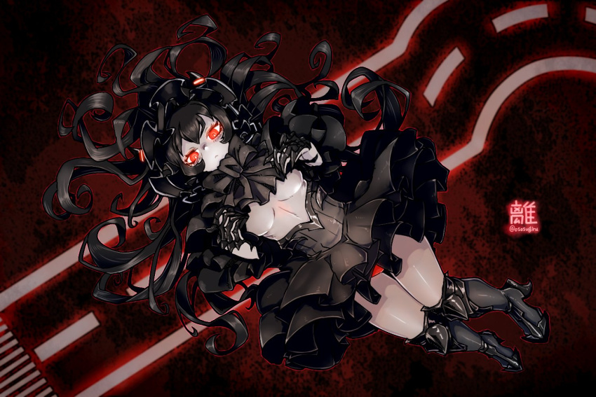 1girl abyssal_ship black_bow black_footwear black_hair black_skirt bonnet bow breasts closed_mouth colored_skin glowing glowing_eyes grey_skin hair_between_eyes high_heels isolated_island_princess kantai_collection long_hair looking_at_viewer oso_(toolate) red_eyes simple_background skirt solo twitter_username very_long_hair