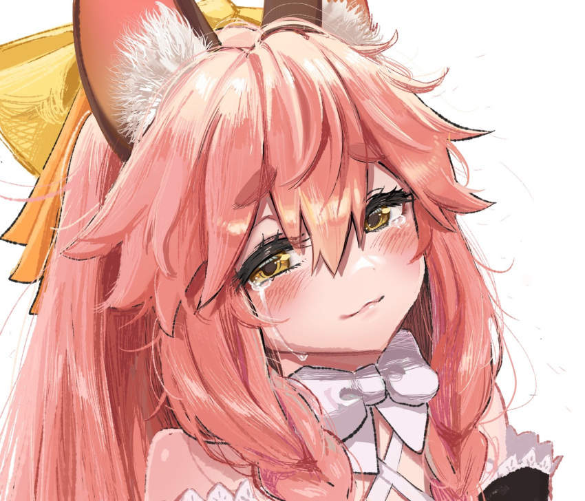 1girl aa2mee animal_ear_fluff animal_ears bare_shoulders bow braid breasts fate/samurai_remnant fate_(series) fox_ears fox_girl hair_between_eyes hair_bow highres long_hair looking_at_viewer off_shoulder pink_hair sidelocks small_breasts smile solo tamamo_(fate) tamamo_aria_(fate) tears twintails yellow_bow yellow_eyes
