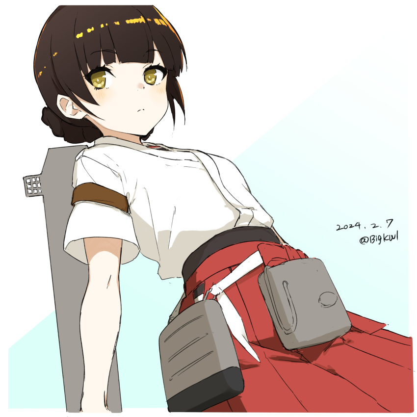 1girl absurdres bag bigkwl black_hair blunt_bangs braid brown_eyes double_bun dougi flight_deck hair_bun hakama highres japanese_clothes kantai_collection kimono long_hair looking_at_viewer one-hour_drawing_challenge red_hakama simple_background solo twin_braids white_background white_kimono yawata_maru_(kancolle) yellow_eyes