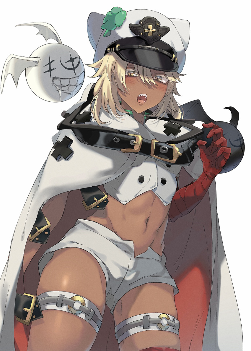 1girl bandaged_arm bandaged_hand bandages belt belt_buckle black_belt blonde_hair blush brown_eyes buckle cloak colored_eyelashes commentary_request creature crop_top dark-skinned_female dark_skin fangs groin guilty_gear guilty_gear_strive hair_between_eyes hand_up highres kayanogura looking_at_viewer lucifero_(guilty_gear) navel open_mouth ramlethal_valentine shirt short_shorts shorts white_cloak white_shirt white_shorts