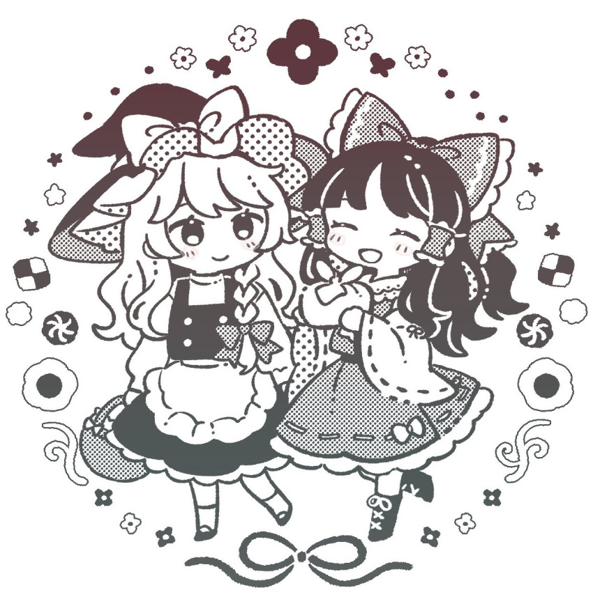 2girls ^_^ apron basket blush boots bow braid buttons checkerboard_cookie closed_eyes closed_mouth cookie flower food full_body hair_bow hair_tubes hakurei_reimu halftone hat hat_bow highres holding holding_basket kirisame_marisa long_hair looking_at_viewer monochrome mozukuzu_(manukedori) multiple_girls open_mouth shoes side_braid single_braid skirt smile socks standing thumbprint_cookie touhou vest waist_apron white_background wide_sleeves witch witch_hat