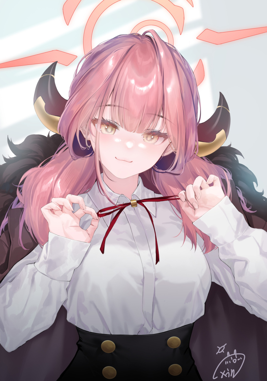 1girl :3 adjusting_neck_ribbon aru_(blue_archive) black_skirt blue_archive breasts brown_coat brown_horns closed_mouth coat collared_shirt fingernails fur_coat hair_between_eyes halo highres horns indoors large_breasts long_hair long_sleeves looking_at_viewer obiwan pink_hair pink_halo red_ribbon ribbon shirt signature skirt sleeves_past_wrists smile solo underbust white_shirt yellow_eyes