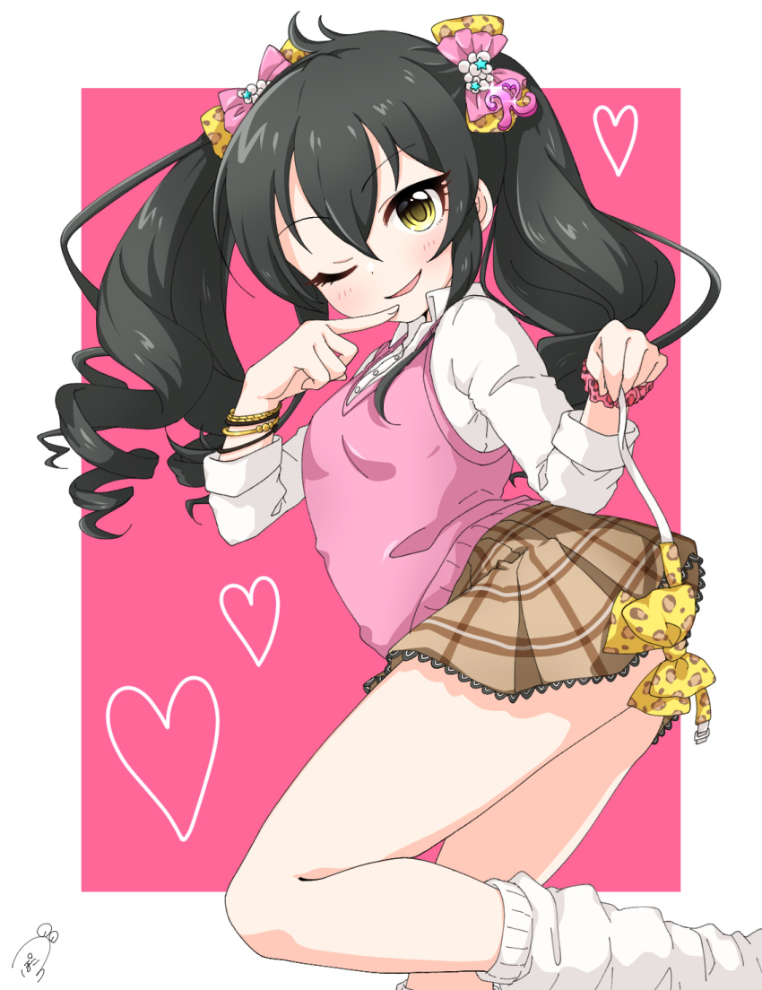 1girl animal_print black_hair blush border bow breasts brown_skirt dot_nose frilled_skirt frills from_side funxy_k glint hair_between_eyes hair_bow hair_ribbon hands_up heart highres holding holding_ribbon idolmaster idolmaster_cinderella_girls idolmaster_cinderella_girls_starlight_stage index_finger_raised leg_up leopard_print long_hair long_sleeves looking_at_viewer loose_socks matoba_risa miniskirt multiple_bracelets one_eye_closed open_mouth outside_border pink_background pink_ribbon pink_scrunchie pink_sweater_vest plaid plaid_skirt pleated_skirt print_ribbon ribbon scrunchie shirt signature simple_background skirt small_breasts smile socks solo standing standing_on_one_leg sweater_vest twintails white_border white_shirt white_socks wrist_scrunchie yellow_eyes yellow_ribbon