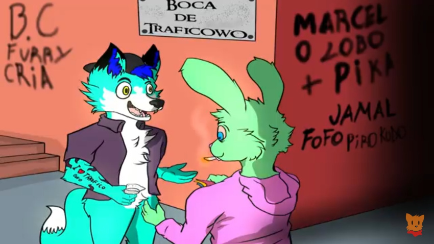 anthro canid canine canis drug_selling drugs fan_character feral fur humanoid justinnovato lagomorph leporid male mammal rabbit selling tattoo wolf