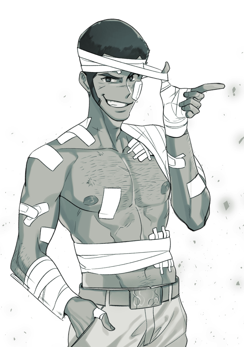 1boy adam's_apple arm_hair arsene_lupin_iii bandage_pull bandaged_arm bandaged_hand bandages bandaid bandaid_on_arm belt collarbone cowboy_shot fingernails gauze gauze_on_cheek grin halorane hand_in_pants highres long_sideburns long_sleeves looking_at_viewer lupin_iii male_focus monochrome navel nipples pectorals scar scar_on_face scar_on_nose short_hair sideburns simple_background smile solo toned toned_male topless_male white_background