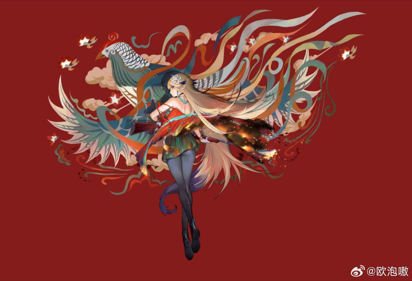 1girl ankle_boots ass bird black_choker black_footwear black_pantyhose blonde_hair blue_bird blue_eyes blue_hair blue_nails boots burning burning_clothes chinese_commentary choker closed_mouth colored_tips commentary_request crossed_ankles dress fingernails fire flower flower_request from_behind full_body girls'_frontline green_dress gun hair_flower hair_ornament holding holding_gun holding_weapon long_hair looking_at_viewer looking_back multicolored_hair official_alternate_costume official_art oop pantyhose pheasant profile red_background red_dress savage_99_(girls'_frontline) savage_99_(jade_serenity)_(girls'_frontline) savage_model_99 shoe_soles simple_background solo two-tone_dress very_long_hair weapon weibo_username white_flower